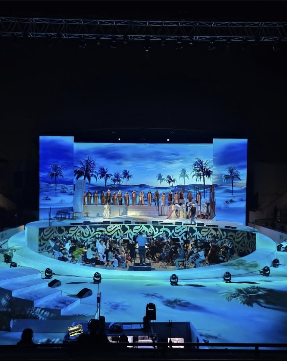 Sheikh Zayed Stadium in Abu Dhabi illuminated during the opera performance